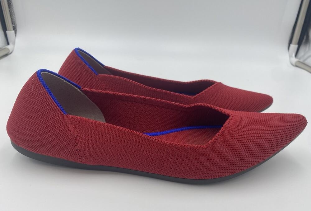 Rothy's Red Knit Pointed-Toe Flats with Blue Trim